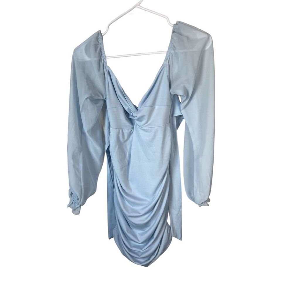 Lucy In The Sky Women's Blue Ruched Mini Dress Long Sleeve Back Cut-Out …